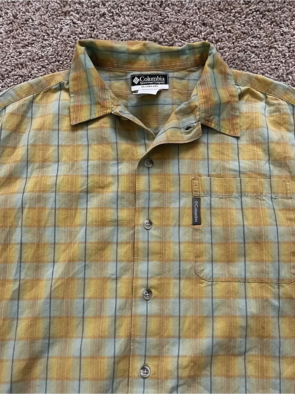 Columbia Men’s Yellow and Green Plaid Short-Sleeve Button-Down Shirt - Picture 2 of 7
